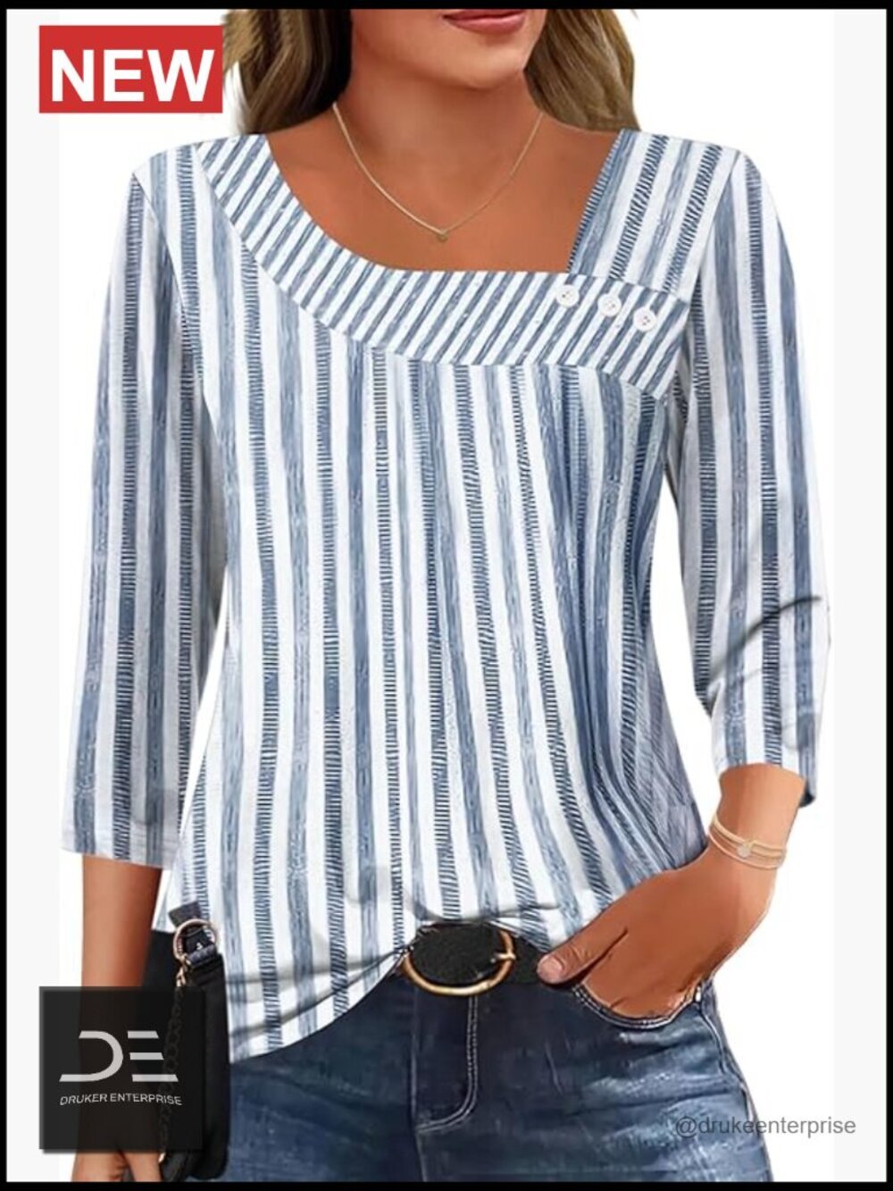Asymmetric Neck 3/4 Sleeve Blouse Business Casual T Shirt